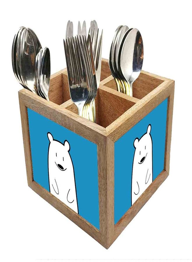 Nutcase Wooden Cutlery Stand Holder Silverware Caddy Spoons Forks Knives Organizer for Dining Table & Kitchen -Made in India-Spoons NOT Included - Sweet Polar Bear - Image 1