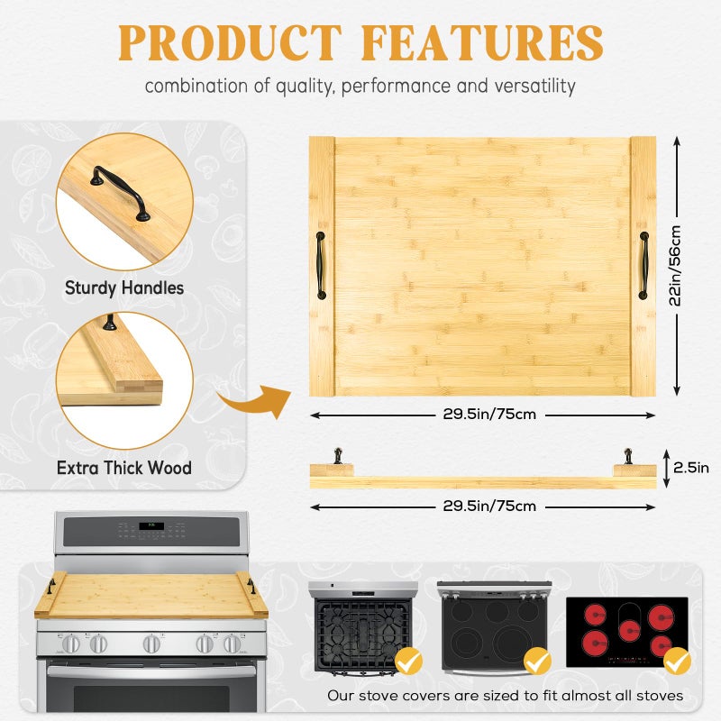 GASHELL Noodle Board Wood Stovetop Cover with Handles for Electric/Gas Stove Top(Bamboo) - Image 4