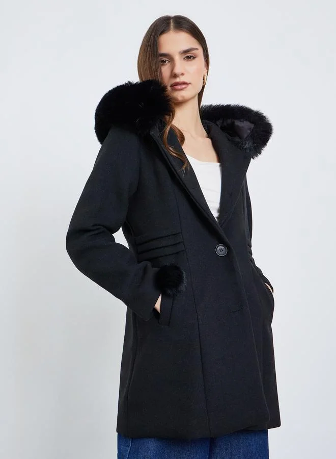 Styli Women Black Longline Wool Like Coat with Faux Fur Hood
