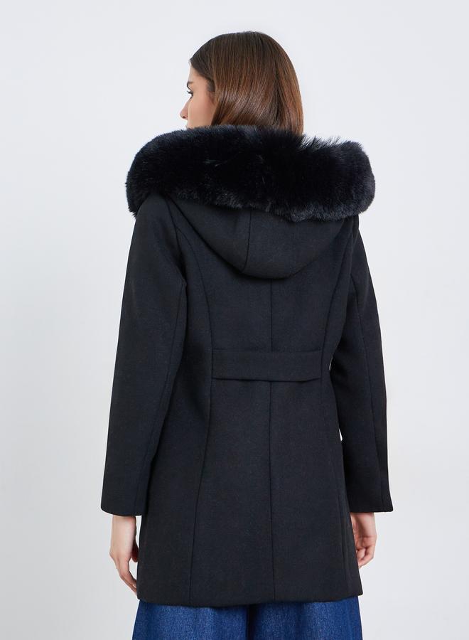 ستايلي معطف طويل بمظهر الصوف مع ياقة هودي بفرو صناعي - Image 4