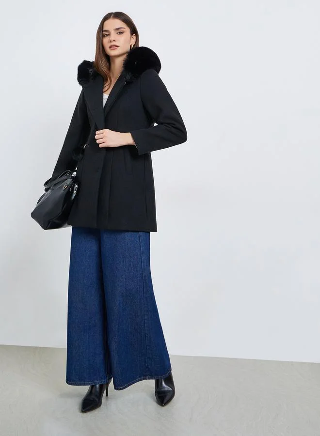 Styli Women Black Longline Wool Like Coat with Faux Fur Hood