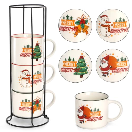 Coloch Set of 4 Christmas Mugs with Metal Rack, 15 oz Ceramic Coffee Mug Stackable Christmas Theme Milk Mugs for Coffee, Tea, Milk, Cold&Hot Drinks, Gift, Microwave&Dishwasher Safe - Image 1