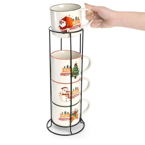 Coloch Set of 4 Christmas Mugs with Metal Rack, 15 oz Ceramic Coffee Mug Stackable Christmas Theme Milk Mugs for Coffee, Tea, Milk, Cold&Hot Drinks, Gift, Microwave&Dishwasher Safe - Image 5