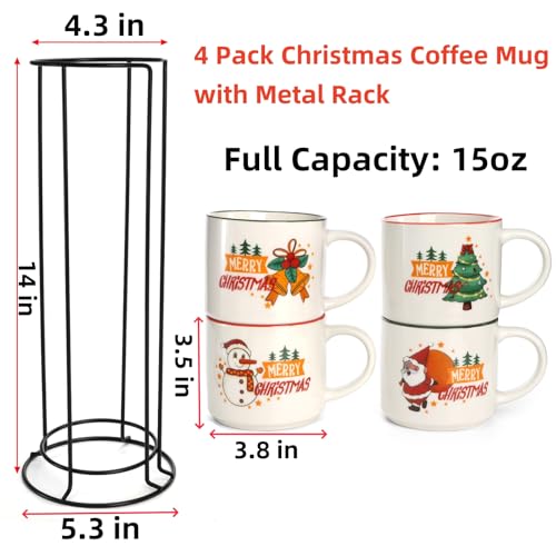 Coloch Set of 4 Christmas Mugs with Metal Rack, 15 oz Ceramic Coffee Mug Stackable Christmas Theme Milk Mugs for Coffee, Tea, Milk, Cold&Hot Drinks, Gift, Microwave&Dishwasher Safe - Image 2