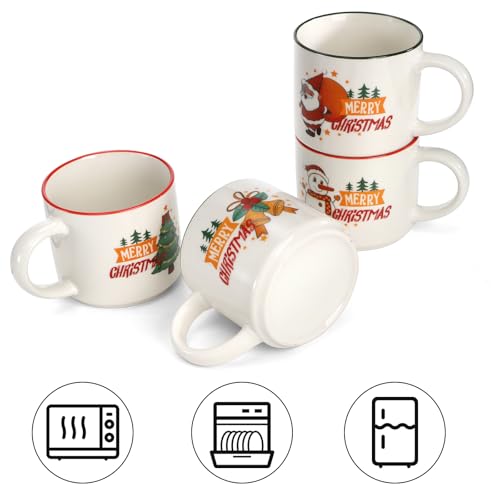 Coloch Set of 4 Christmas Mugs with Metal Rack, 15 oz Ceramic Coffee Mug Stackable Christmas Theme Milk Mugs for Coffee, Tea, Milk, Cold&Hot Drinks, Gift, Microwave&Dishwasher Safe - Image 3