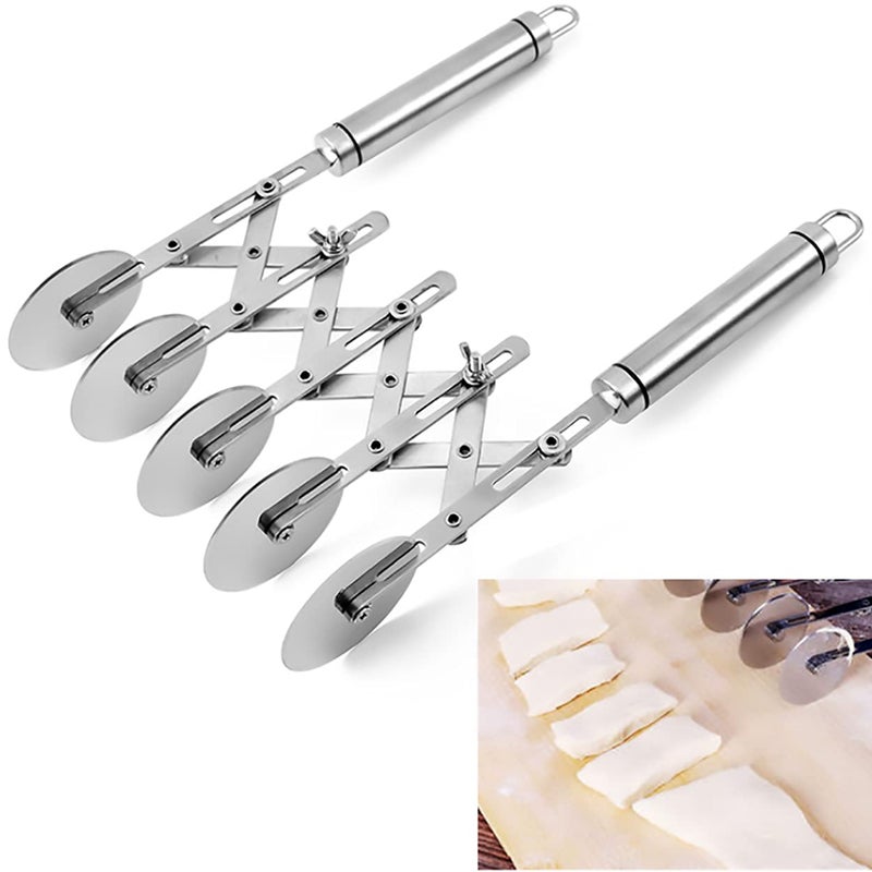 Dadamong 5 Wheel Pastry Cutter with Handle Stainless Steel Adjustable Pizza Slicer MultiRound Dough Cutter Roller Fondant Ribbon Cutter Pasta Maker Noodle Cutter Ravioli Cutter Wheel
