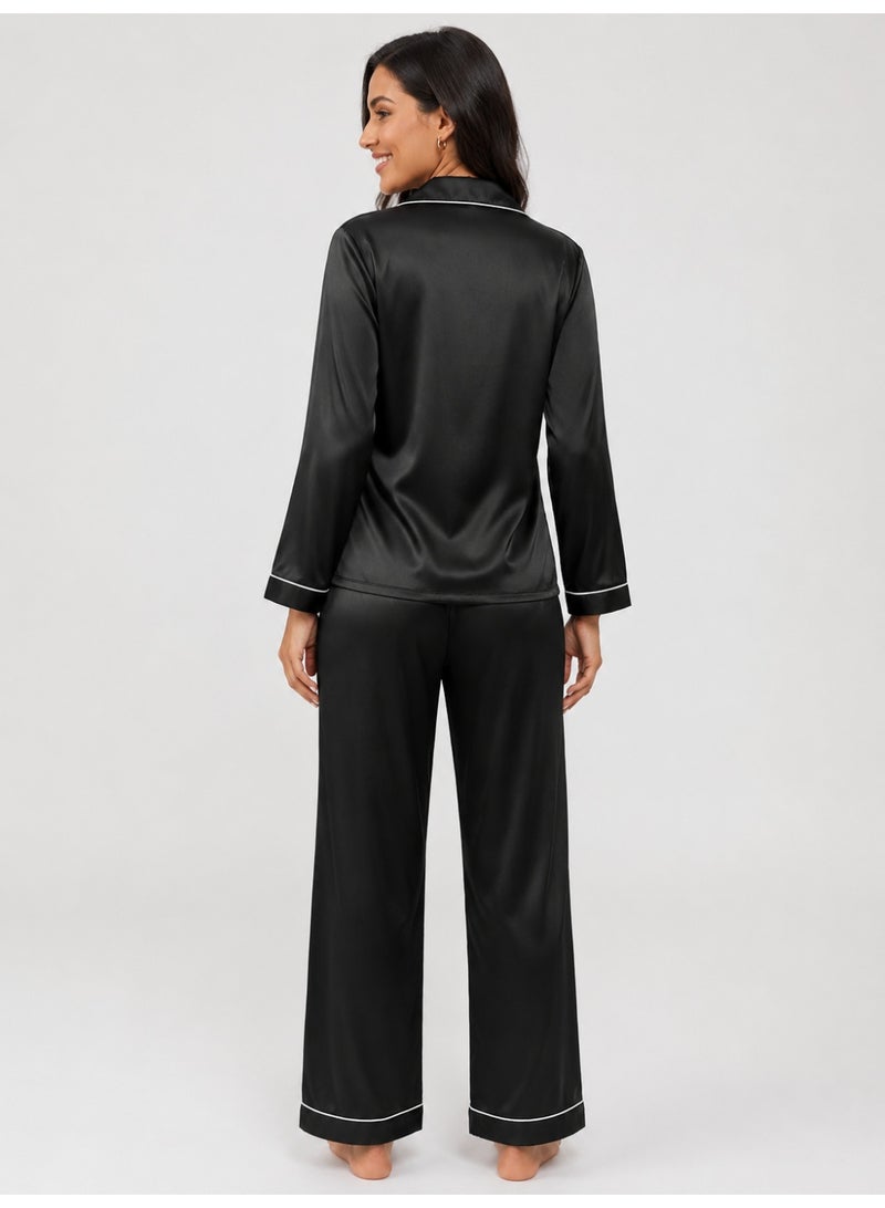 Women’s Cooling Satin-Like Pajama Set, Long Sleeve Button Shirt & Pants, Black Sleepwear - Image 5