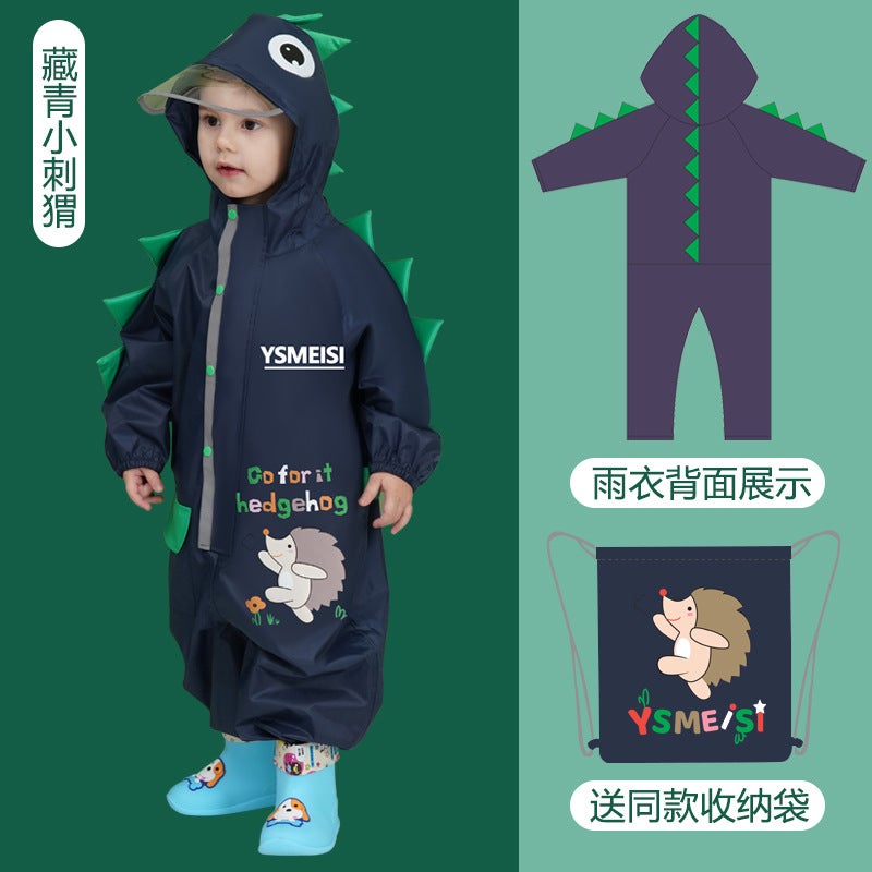 Generic Childrens one-piece raincoat boys and girls kindergarten baby whole body rainproof childrens poncho dinosaur student rain gear Navy blue hedgehog one-piece raincoat