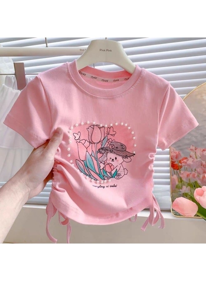 Round Neck Baby Girl Drawstring Top Summer New Girl Pearl Heart Sweet Cartoon Print Short-sleeved T-shirt Trendy