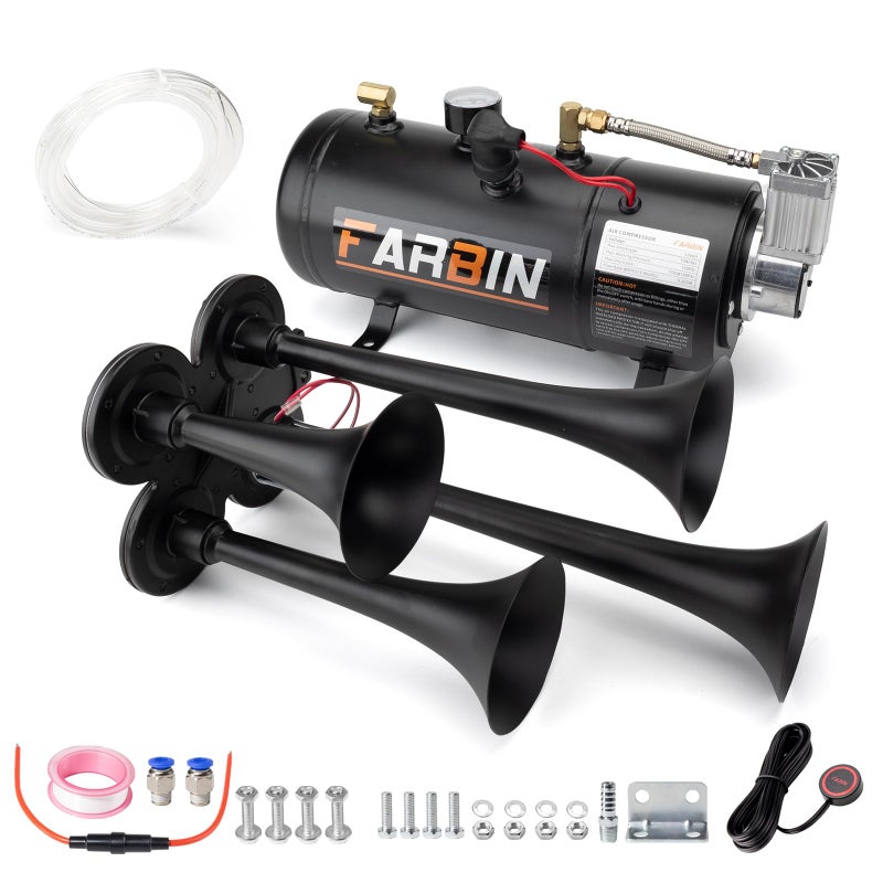 FARBIN 178DB 4 Trumpet Horns Train Horn Kit for Truck Super Loud Air horns with 150 PSI 12V Air Compressor Air Tank Can for Jeep SUV Train Metal Black08 gal 12v black air horn kit