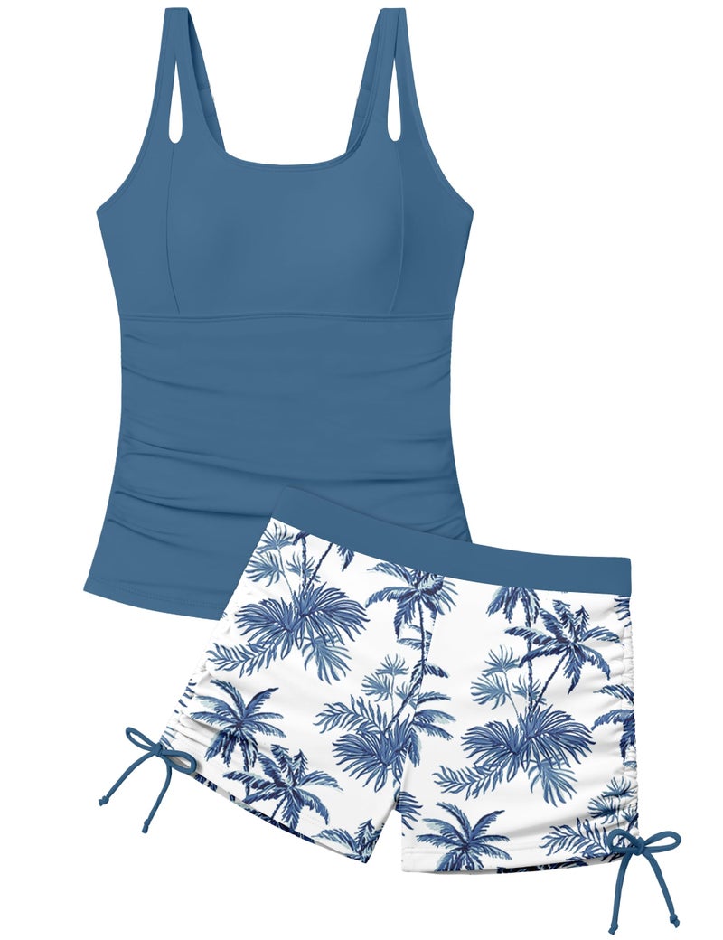 Aulyffo Girls Tankini Swimsuits Size 14-16 Girl Bathing Suits Size 14-16 Tropical Print Swimsuits for Teen Girls Ruched Swim Tank Top with Boy Shorts Gray Blue - Image 1