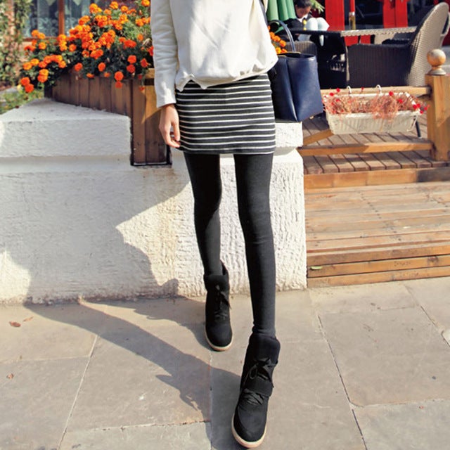 Spring and Autumn Cotton Stretch Leggings Womens Outer Wear New Grey Autumn Trousers All-match Slim-fit Leggings Cross-border Striped dark gray Hip Skirt Pants