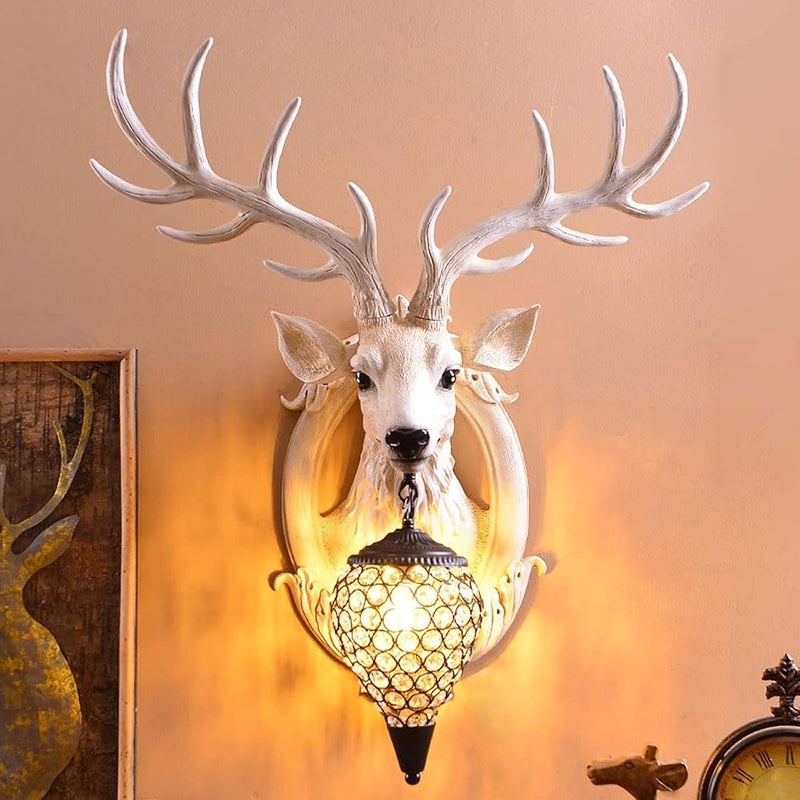 KKLT Deer Head Wall Sconces,Bedside Retro Wall Lamp with Crystal Lampshade,Animal Head Wall Mount Wall Light for Friends,Lover and Parents-A 71x61cm(28x24inch) - Image 1