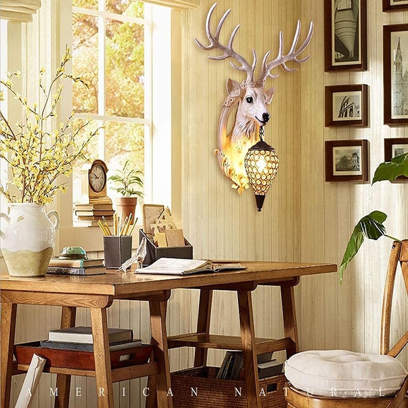 KKLT Deer Head Wall Sconces,Bedside Retro Wall Lamp with Crystal Lampshade,Animal Head Wall Mount Wall Light for Friends,Lover and Parents-A 71x61cm(28x24inch) - Image 2