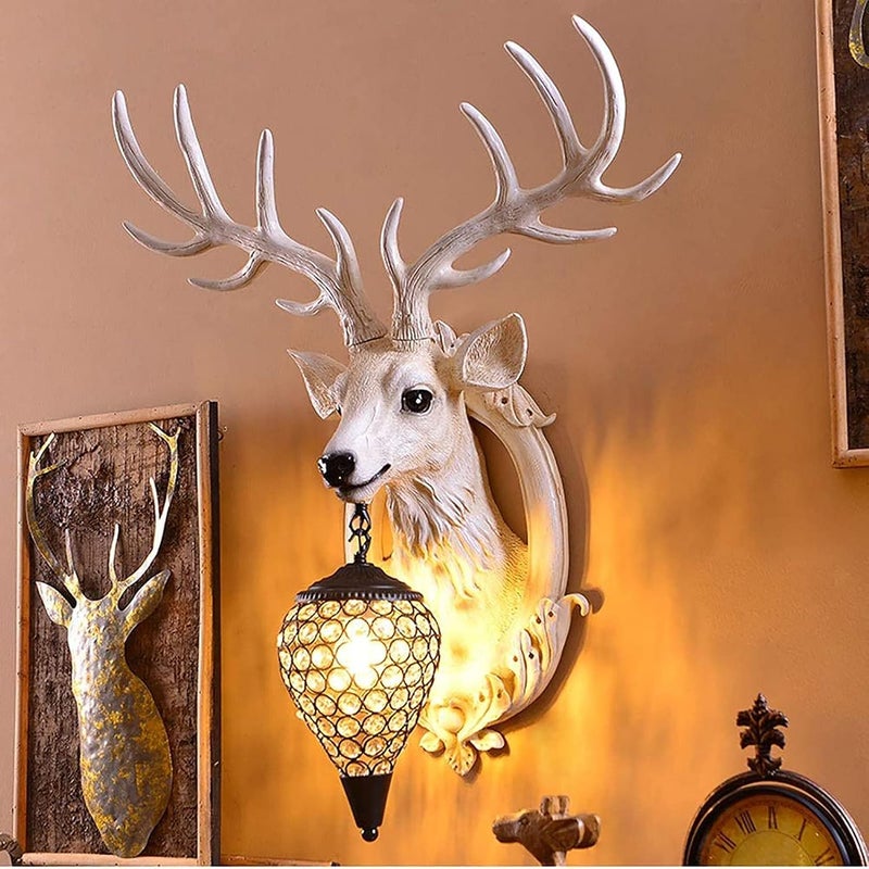 KKLT Deer Head Wall Sconces,Bedside Retro Wall Lamp with Crystal Lampshade,Animal Head Wall Mount Wall Light for Friends,Lover and Parents-A 71x61cm(28x24inch) - Image 3