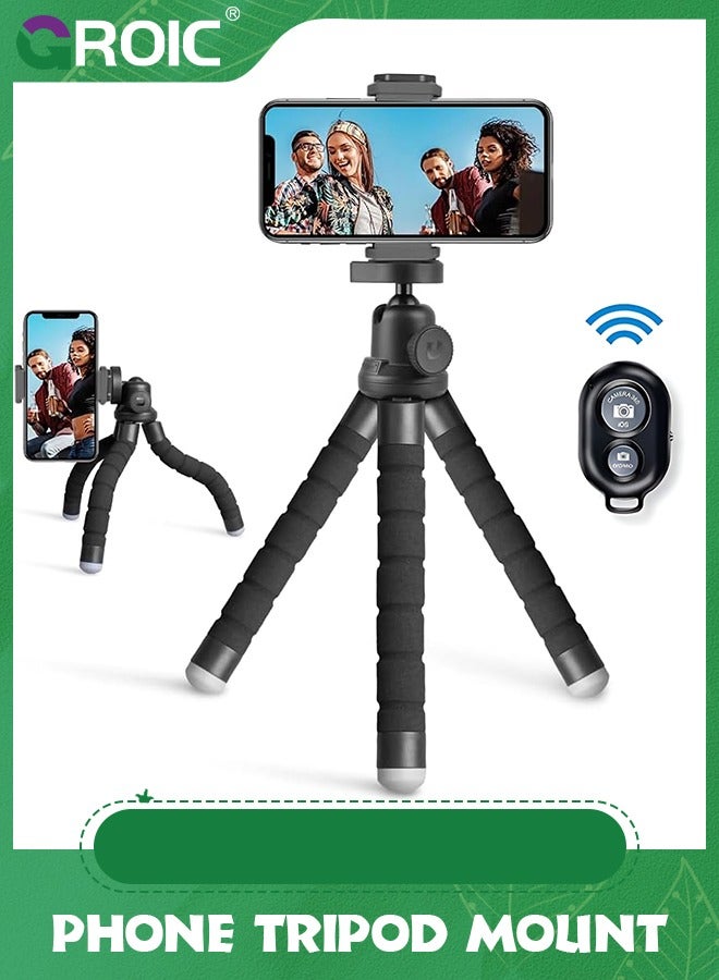 GROIC Black Cell Phone Tripod Stand, Flexible Travel Tripod with Remote and Mount, Small Cellphone Tripod for iPhone＆Android Phones, Cameras, Gopro, Webcam  - Image 1