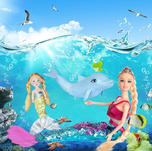 Yellow River Mermaid Princess Doll Playset, Color Changing Mermaid Tail by Reversing Squins, 12" Fashion Dress Doll with 3" Little Mermaid Dolphin and Accessories, Mermaid Gift for Girls - Image 3