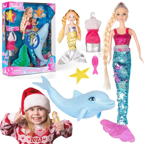 Yellow River Mermaid Princess Doll Playset, Color Changing Mermaid Tail by Reversing Squins, 12" Fashion Dress Doll with 3" Little Mermaid Dolphin and Accessories, Mermaid Gift for Girls - Image 2