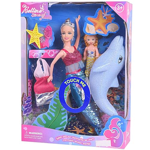 Yellow River Mermaid Princess Doll Playset, Color Changing Mermaid Tail by Reversing Squins, 12" Fashion Dress Doll with 3" Little Mermaid Dolphin and Accessories, Mermaid Gift for Girls - Image 1