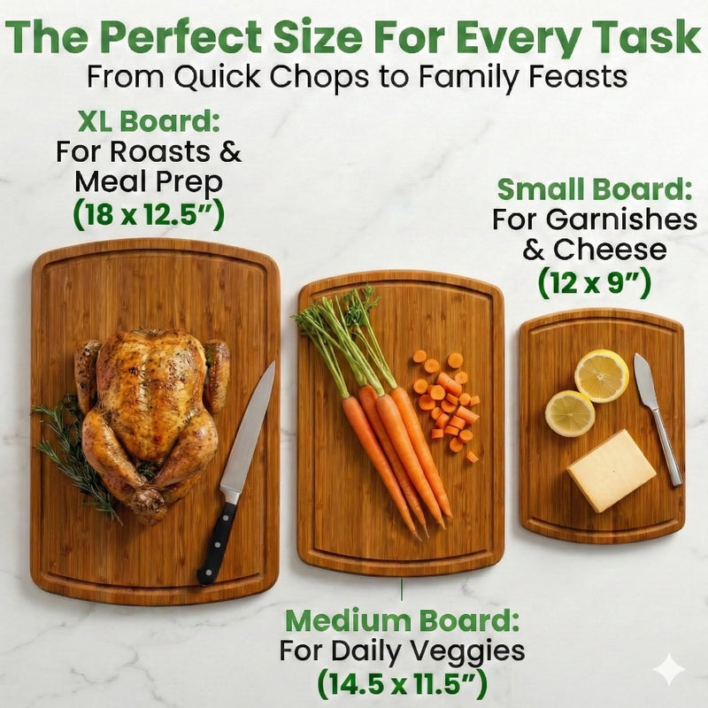Greener Chef Luxury Bamboo Cutting Board 3-Piece Set with Carbonized Vertical Grain Strength Technology - Extra Large Wooden Cutting Boards for Kitchen with Deep Juice Grooves - Lifetime Replacements - Image 3