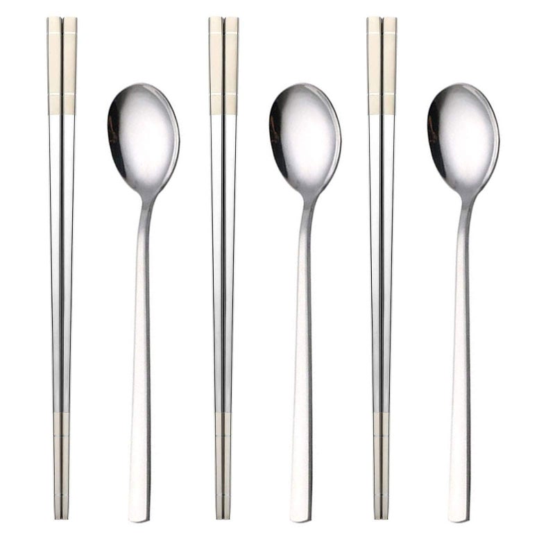YAPULLYA Reusable Korean Chopstick and Spoon Set Long Handle Stainless Steel Soup Spoon and Chopsticks Dishwasher Safe Set of 3 Silver 