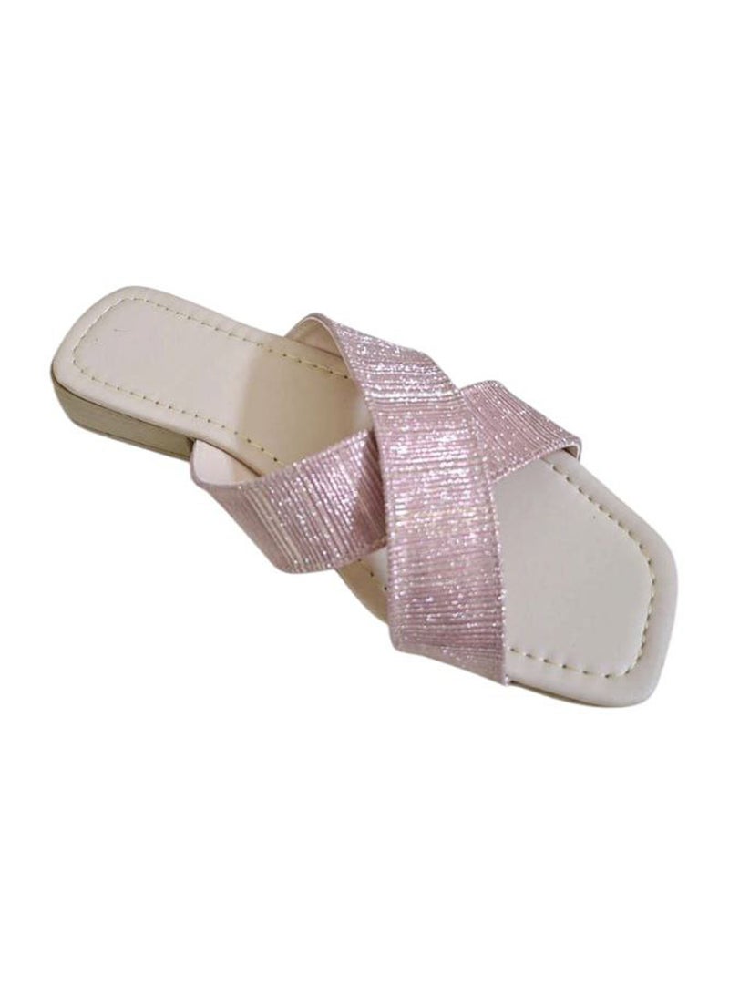 Karisma Simple Double Strap Flat Squared Toe Slippers With Glitter Print Material - Image 2