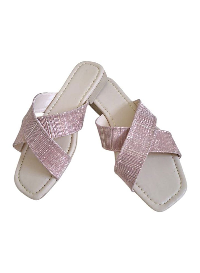 Karisma Simple Double Strap Flat Squared Toe Slippers With Glitter Print Material - Image 1
