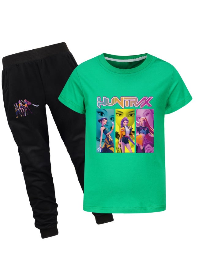 US Kpop Demon Slayer Round Neck Cartoon Print T-shirt Men Women Kids Top And Pants Set Multi-color Matching - Image 1