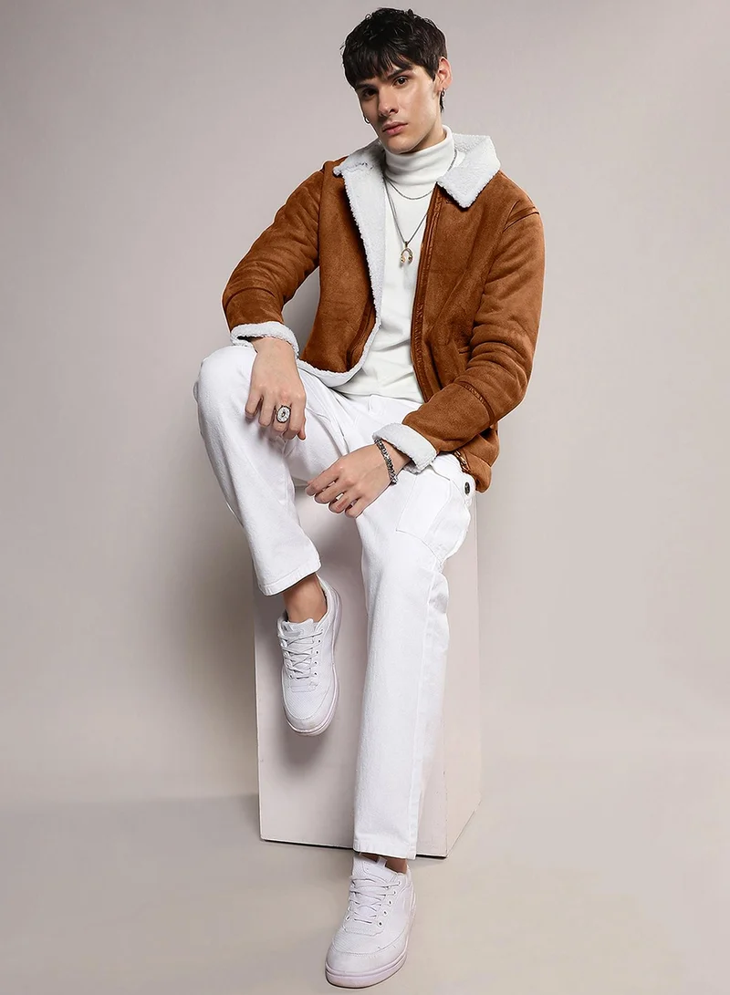 Campus Sutra Men's Icy Blue & Chalk White Fleece Lined Biker Jacket