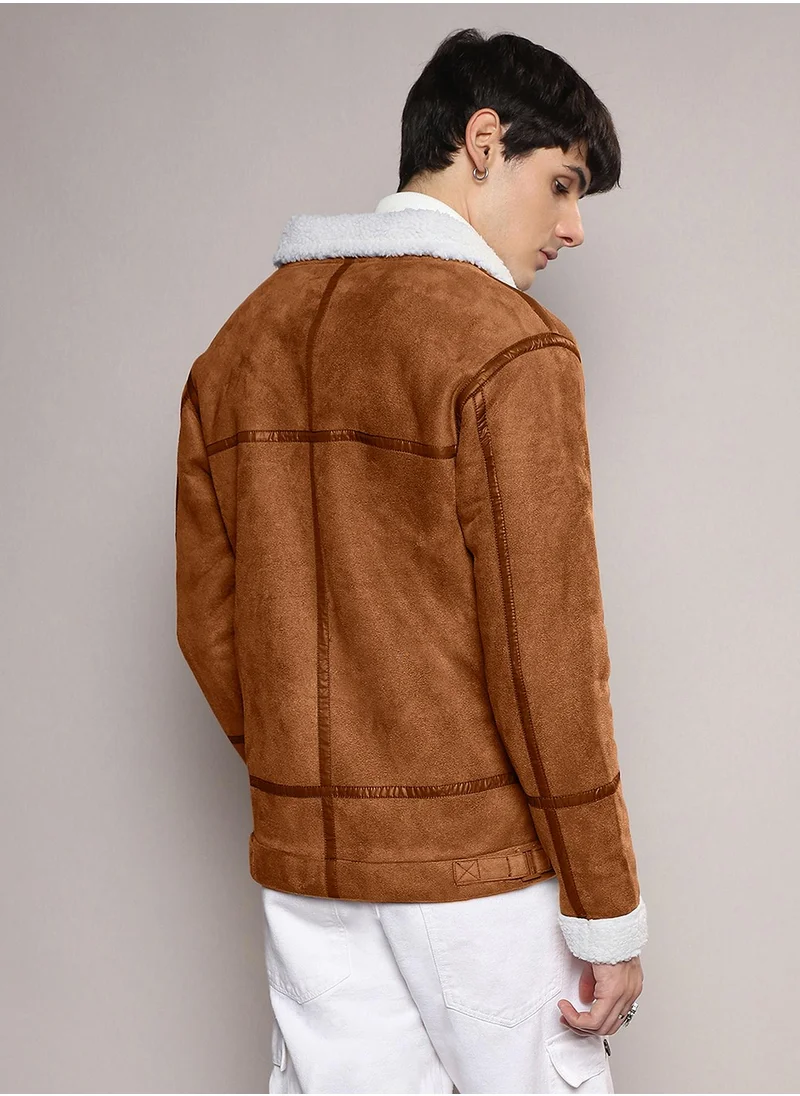 Campus Sutra Men's Icy Blue & Chalk White Fleece Lined Biker Jacket