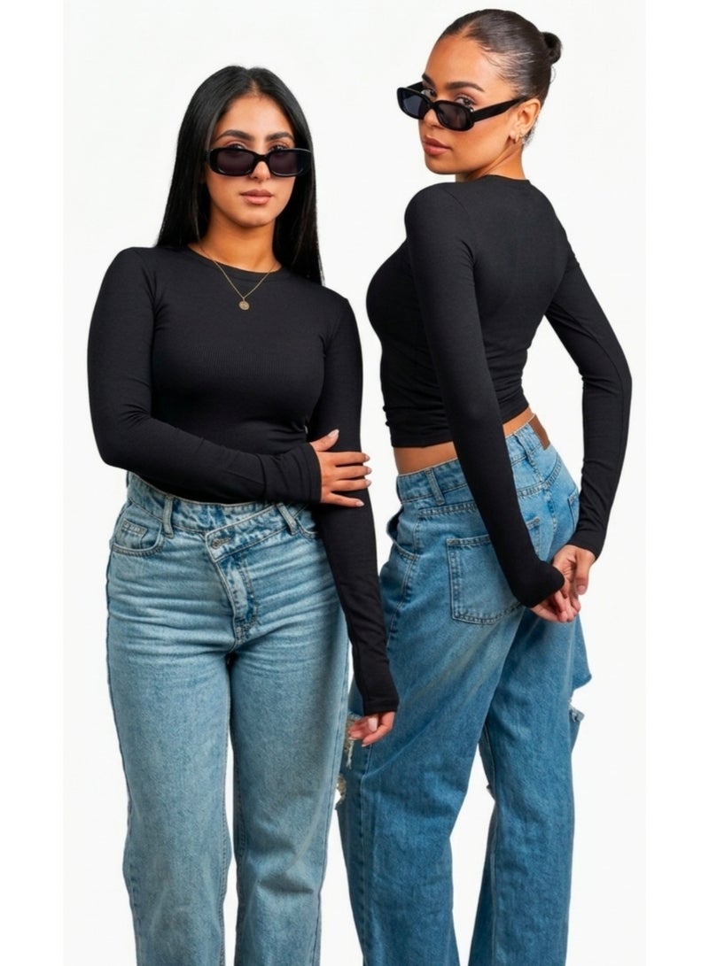 Women's Basic Cotton Top with Thumb Holes - Black - One Size - Image 1