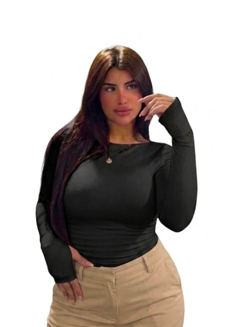 Women's Basic Cotton Top with Thumb Holes - Black - One Size - Image 2