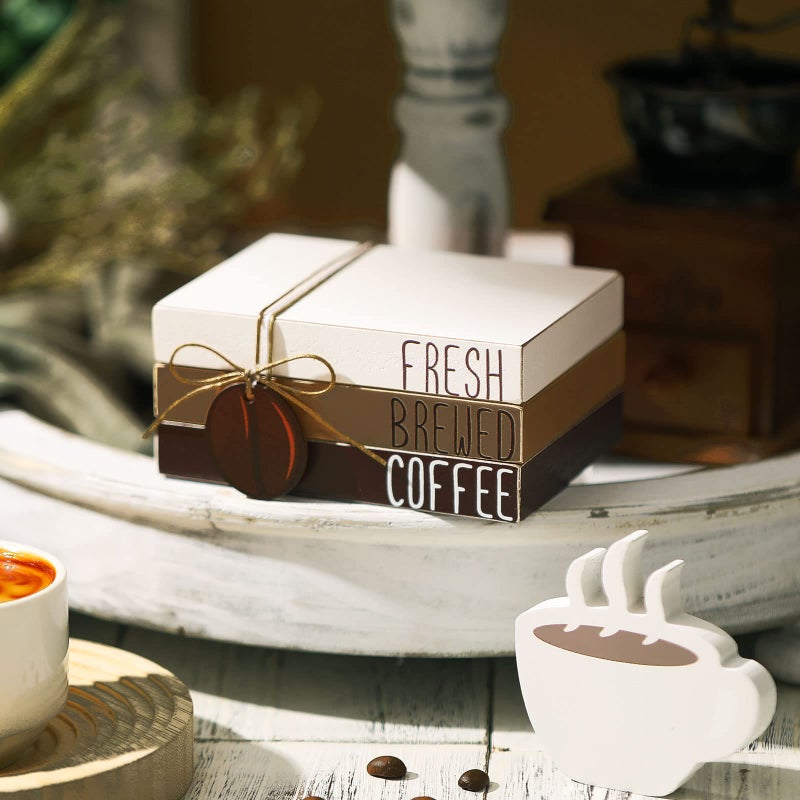 Yookeer 4 Pcs Coffee Bar Decor Accessories Coffee Signs Mini Wooden Book Stacks Cafe Shop Decoration for Tiered Tray Table Shelf Rustic Farmhouse Home Decor - Image 3