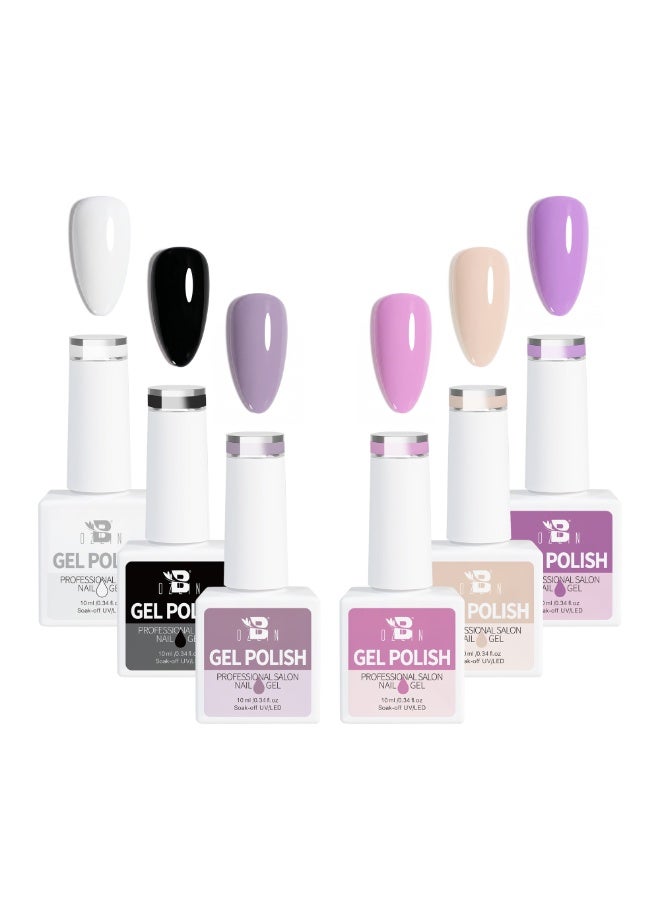 BOZLIN Gel Nail Polish Set, 6 Colors White Pink Black Nude Gel Polish Nail Art Soak Off UV LED Gel Nail Polish Kit, Breathable Nail Polish 10ml
