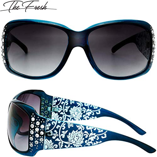 The Fresh Trendy Classic Women Hot Fashion Rhinestones Sunglasses with Gift Box (L704-Crystal Green-Blue/Floral Eyewear, Grey Gradient) - Image 2