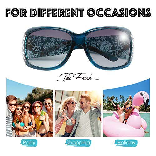 The Fresh Trendy Classic Women Hot Fashion Rhinestones Sunglasses with Gift Box (L704-Crystal Green-Blue/Floral Eyewear, Grey Gradient) - Image 5