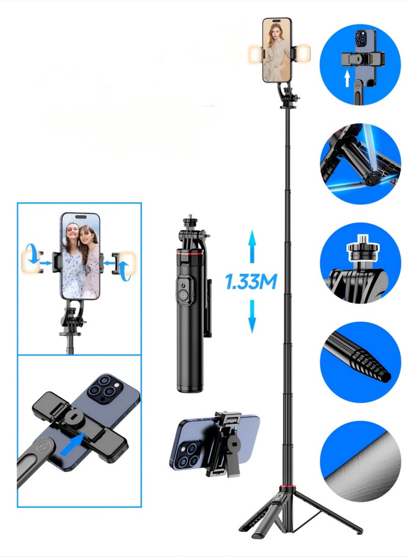 53‘’Selfie Stick Tripod with fill light, Extendable Aluminum Tripod with Rechargeable Bluetooth Remote, Compatible with iPhone and Android Smartphones, Perfect for Travel, Vlog, Video and Photo - Image 1