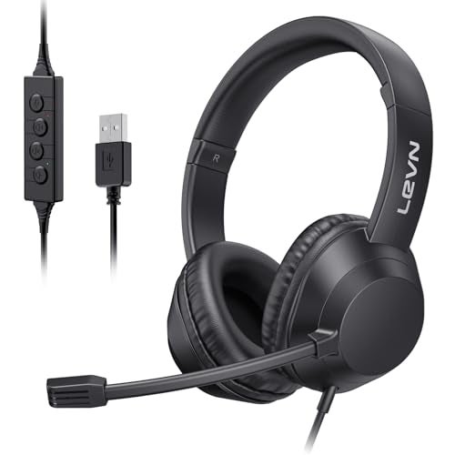 LEVN Headset with Mic, USB Headset with Microphone for PC, Headphones with Mic for Pc with Noise Canceling Microphone for Laptop, USB Headphones for Work from Home/Call Center/Open Office, Black - Image 1