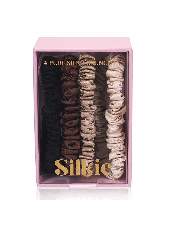 Silkie مجموعة SILKIE x4 من 100% حرير التوت الأسود والبني، رباط شعر رفيع، حقيبة سفر، رباطات شعر يومية، مرونة، للعناية بالشعر، حامل ذيل الحصان بدون ضرر (شوكولاتة) - Image 1