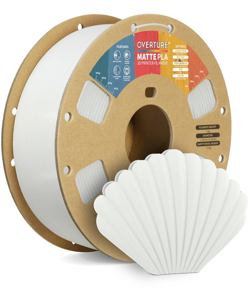OVERTURE Matte PLA 3D Printer Filament 1.75mm, Matt Surface & Low Warping Filament 1kg Spool (2.2 lbs), Accuracy +/- 0.02 mm, Fit Most FDM Printers (Matte White) - Image 1