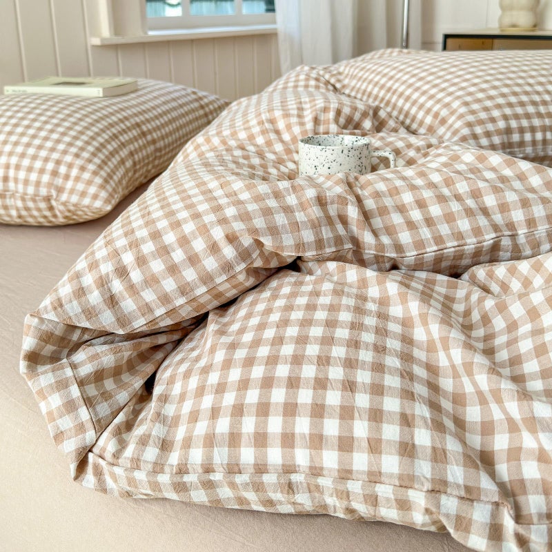 LifeTB Tan Gingham Comforter Set Full Modern Style Beige Plaid Comforter Set 3 Pieces Soft Fluffy Grid Checkered Pattern Comforter with 2 Pillowcases Farmhouse Gingham Bedding Comforter Full - Image 4