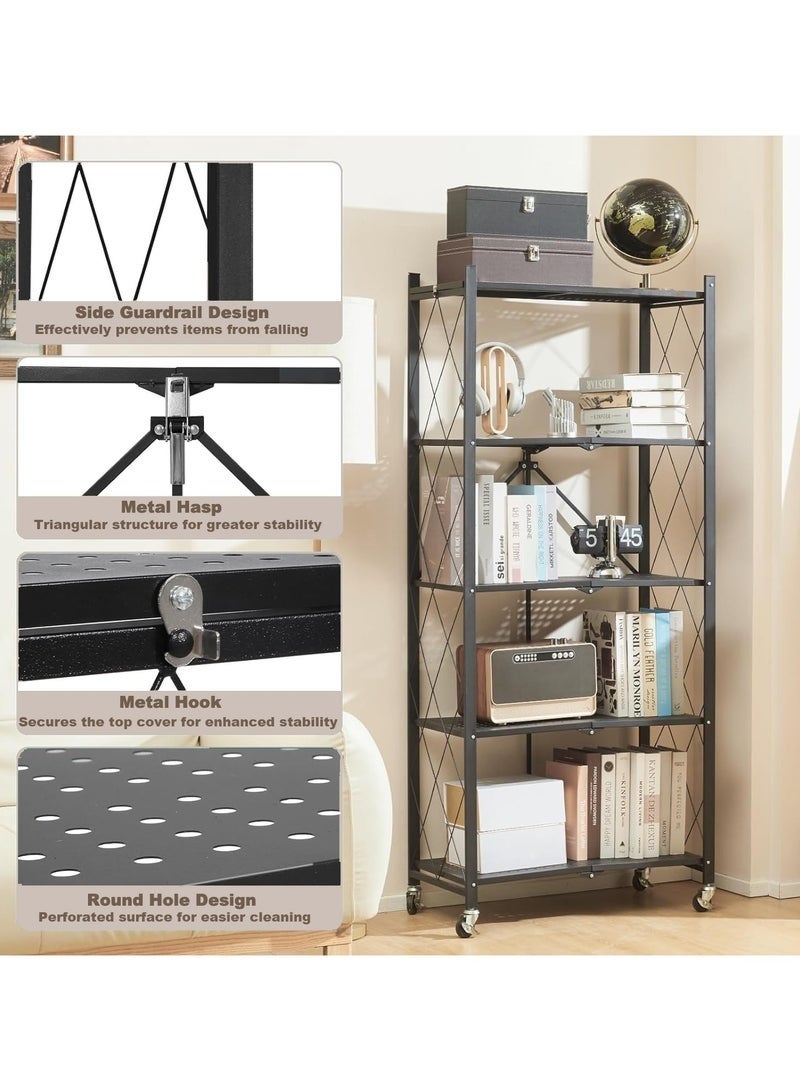 إج رفوف تخزين قابلة للطي بخمس طبقات سميكة مع عجلات، بدون تجميع، سعة كبيرة، وحدة رفوف معدنية قوية على عربة متحركة للكراج والمطبخ والقبو والمخزن (أسود، خمس طبقات) - Image 5