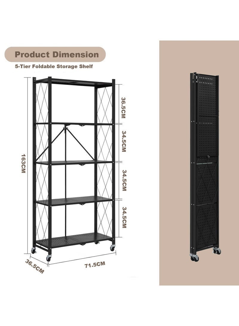 Egg 5 Tier Thickened Foldable Storage Rack with Wheels,No Assembly,Large Capacity Shelves,Heavy-Duty Metal Shelving Unit Rolling Cart for Garage, Kitchen, Basement, Pantry(Black, 5-Tier) - Image 4