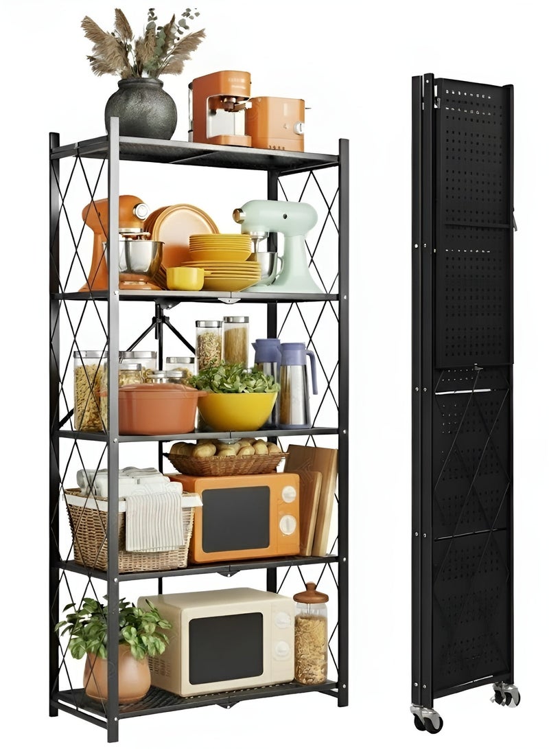 Egg 5 Tier Thickened Foldable Storage Rack with Wheels,No Assembly,Large Capacity Shelves,Heavy-Duty Metal Shelving Unit Rolling Cart for Garage, Kitchen, Basement, Pantry(Black, 5-Tier) - Image 2