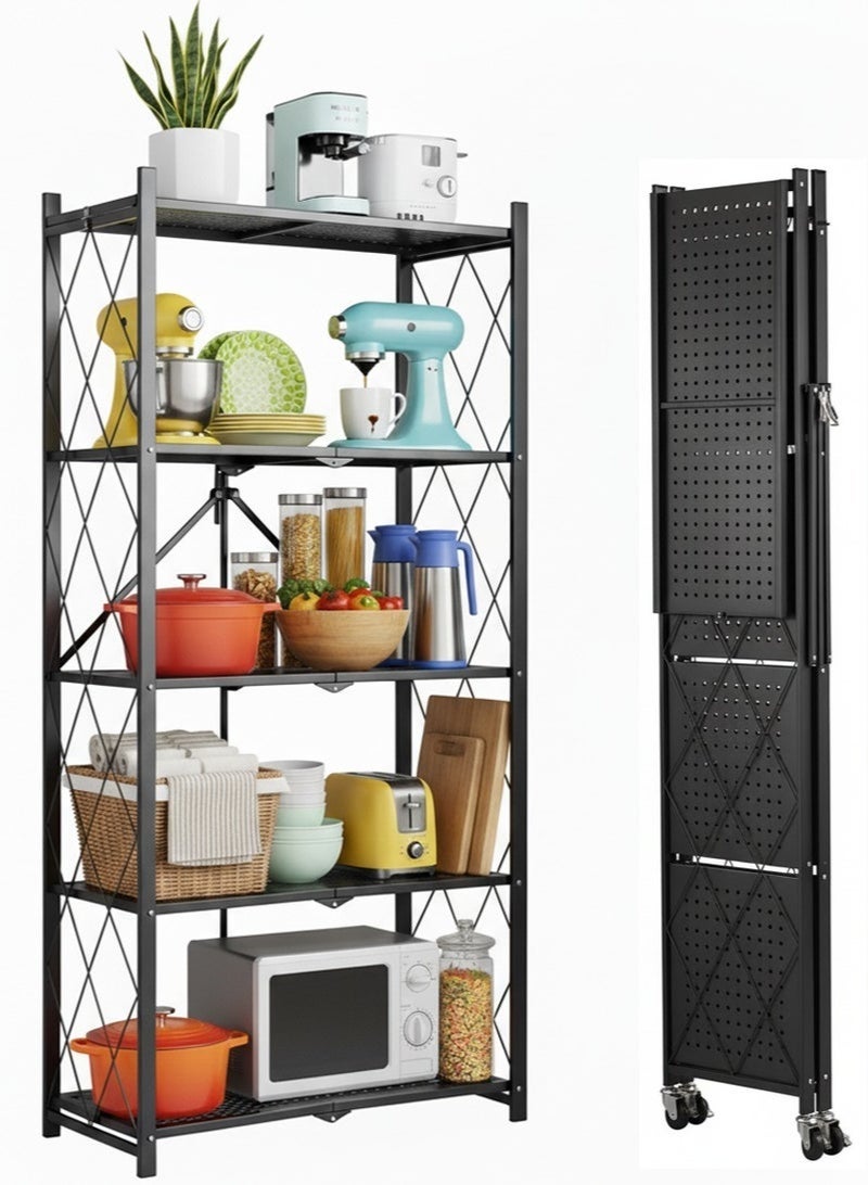 Egg 5 Tier Thickened Foldable Storage Rack with Wheels,No Assembly,Large Capacity Shelves,Heavy-Duty Metal Shelving Unit Rolling Cart for Garage, Kitchen, Basement, Pantry(Black, 5-Tier) - Image 3