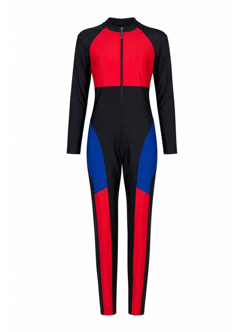 Featherland Women’s One-Piece Full-Coverage Swimsuit with Long Sleeves, Full-Length Legs, Colour-Block Design and Front Zipper - Image 3
