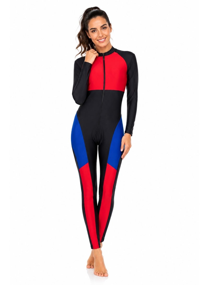 Featherland Women’s One-Piece Full-Coverage Swimsuit with Long Sleeves, Full-Length Legs, Colour-Block Design and Front Zipper - Image 1