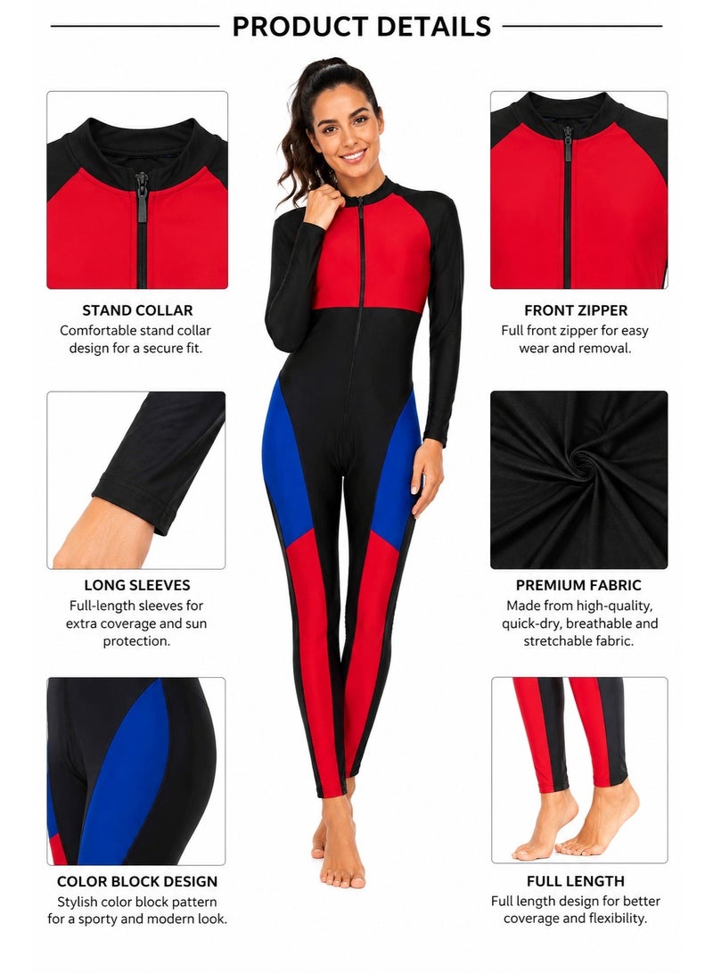 Featherland Women’s One-Piece Full-Coverage Swimsuit with Long Sleeves, Full-Length Legs, Colour-Block Design and Front Zipper - Image 4