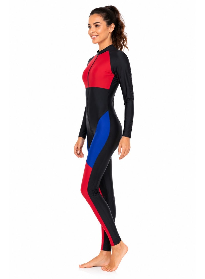 Featherland Women’s One-Piece Full-Coverage Swimsuit with Long Sleeves, Full-Length Legs, Colour-Block Design and Front Zipper - Image 2
