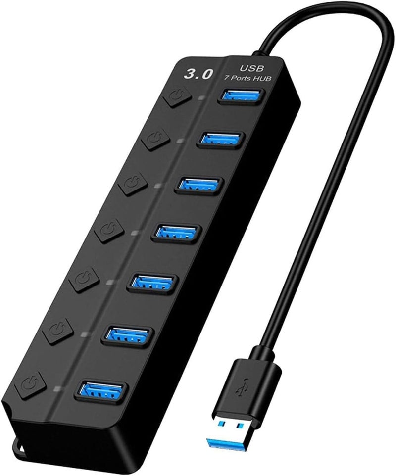 SWIUKPHE محور USB مزود بالطاقة 3.0، 7 منافذ شاحن USB ممتد مركز بيانات مقسم تمديد، مع مفاتيح وأضواء فردية للكمبيوتر المحمول، الكمبيوتر الشخصي، الكمبيوتر، أجهزة USB متوافق للغاية، سرعة نقل بيانات 5 جيجابت في الثانية - Image 1